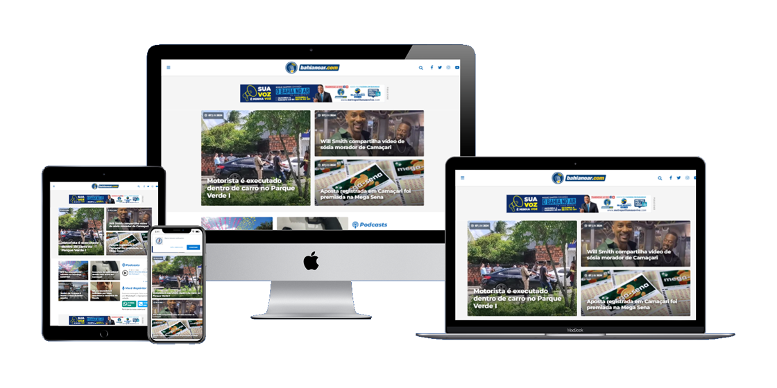Exibição do portal de notícias Bahia no Ar em diversos dispositivos eletrônicos: desktop, laptop, tablet e smartphone.