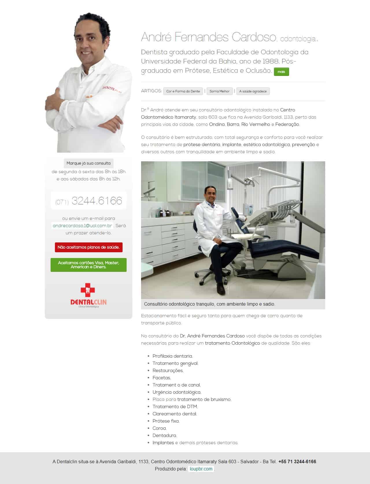 Print da página principal do site andrecardosodentista.com.br
