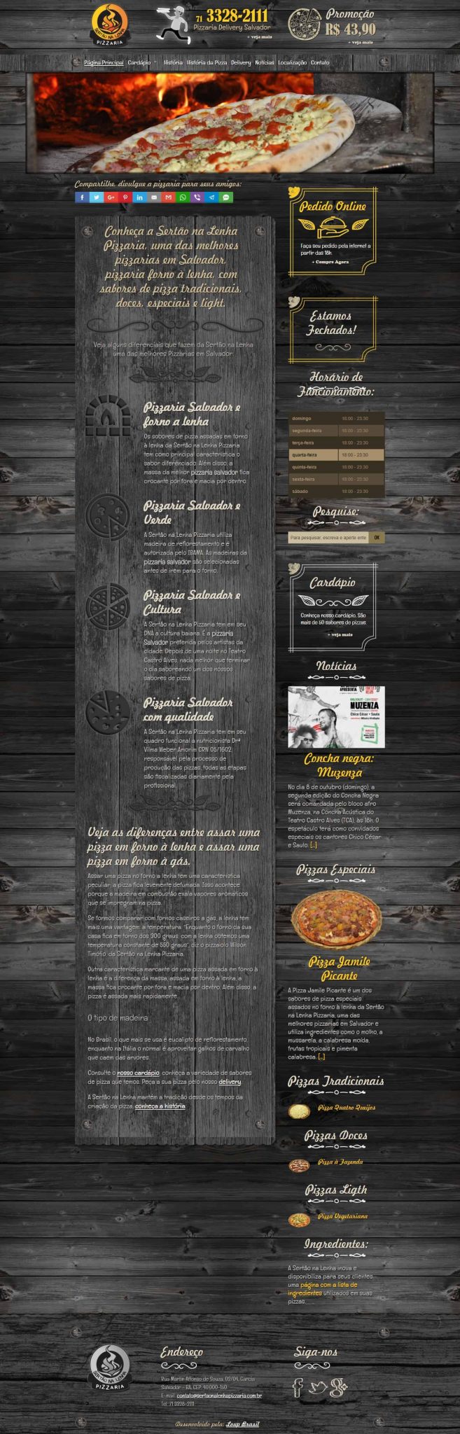 Print da página principal da Sertão na lenha Pizzaria.