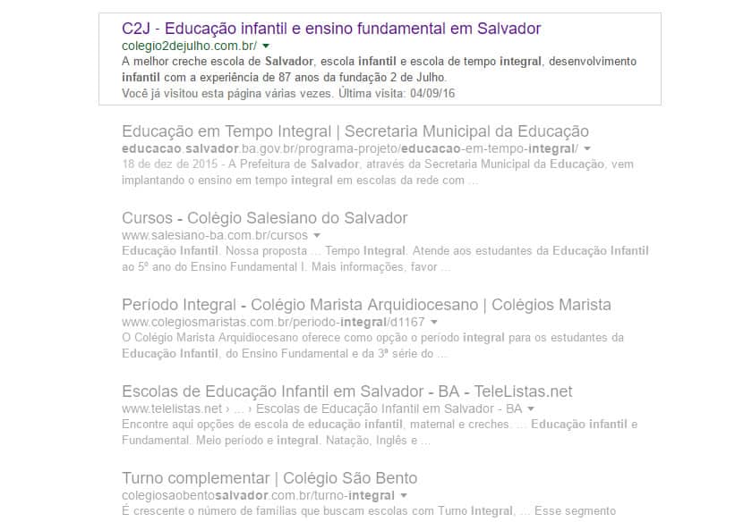 Print do resultado de busca no Google mostra o Colégio 2 de Julho na frente dos concorrentes.