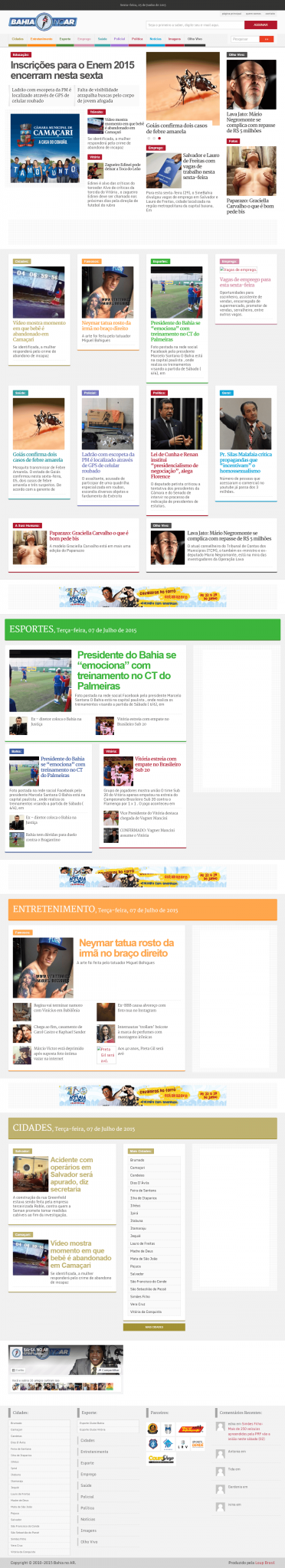 Confira imagem da página principal do site bahianoar.com em 2015.