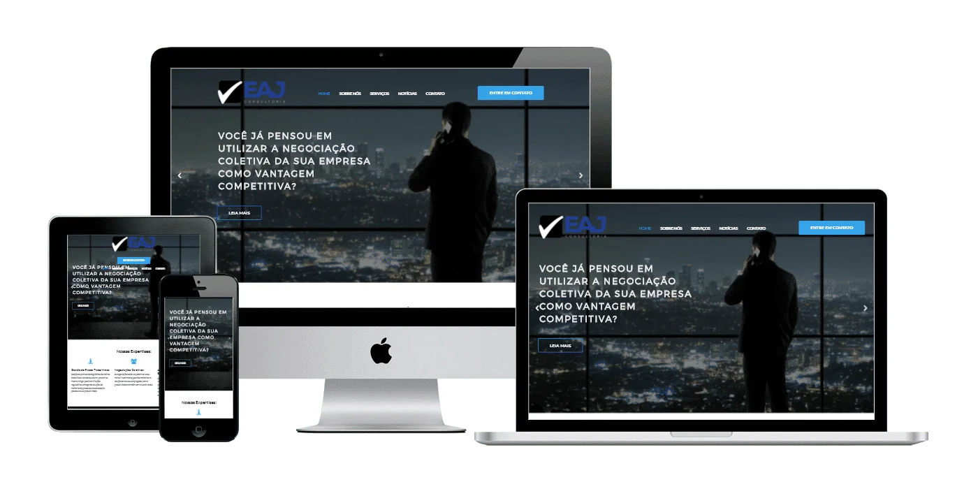 Print da página principal do site EAJ Consultoria em 4 dispositivos diferentes.