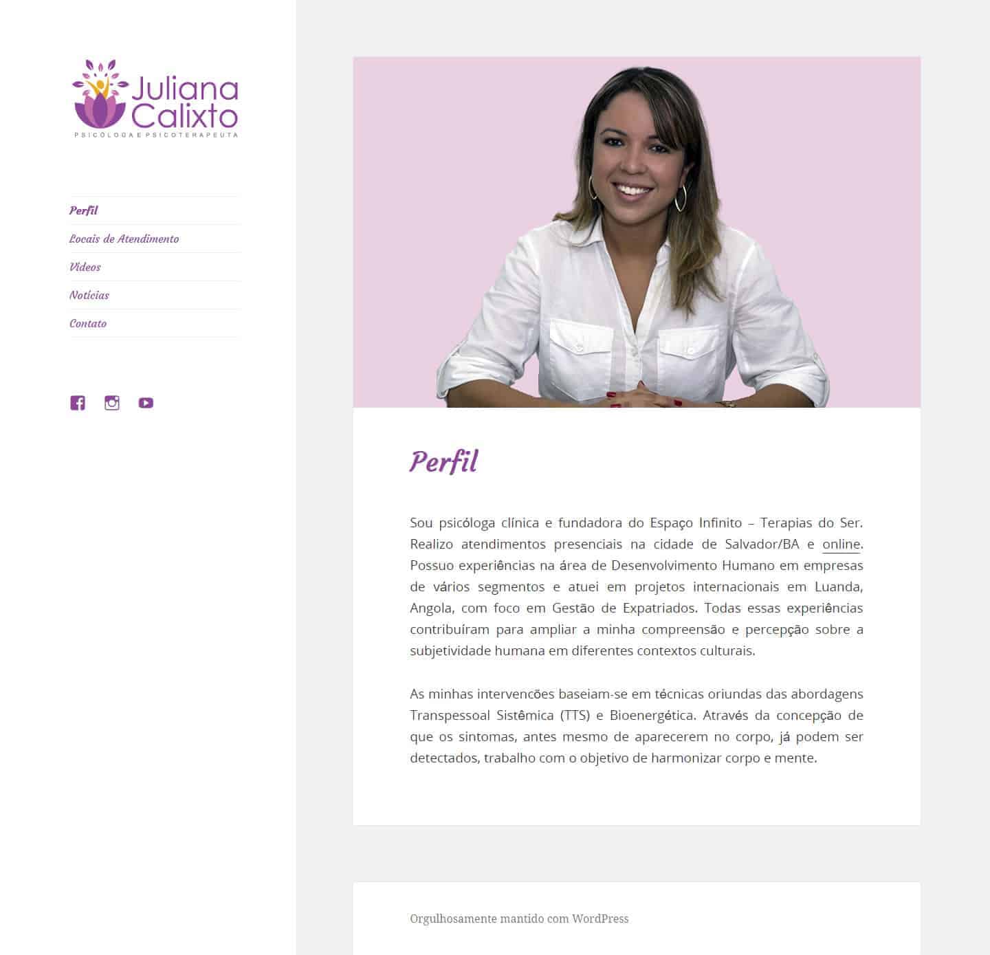 Página principal do site de Juliana Calixto.
