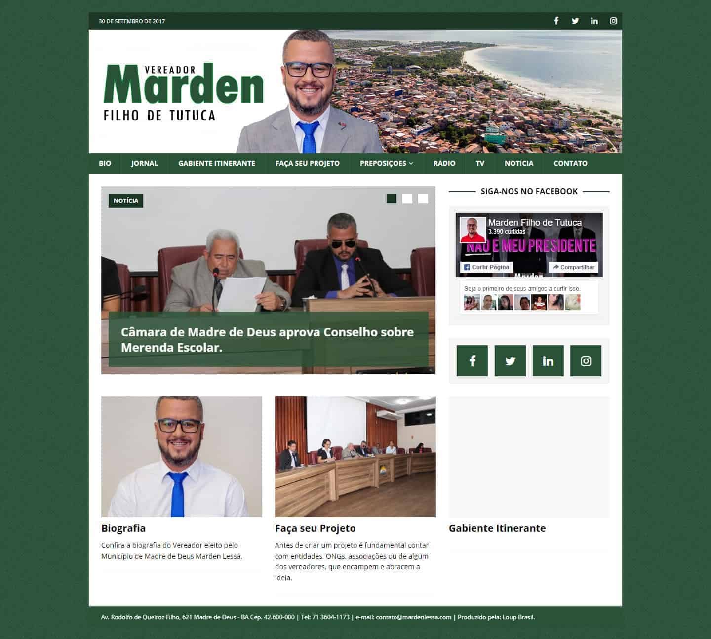 Página principal do site do Vereador Marden Lessa.