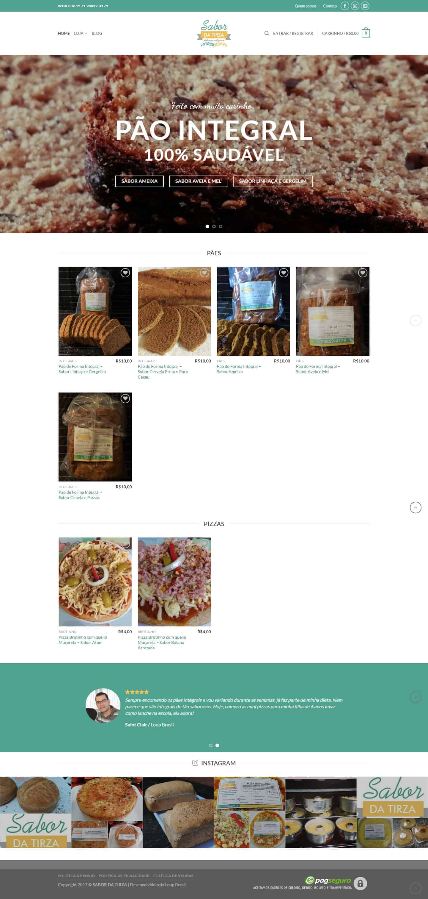 Página principal do site de Sabor da Tirza, Delícias Integrais, Produtos Integrais em Salvador