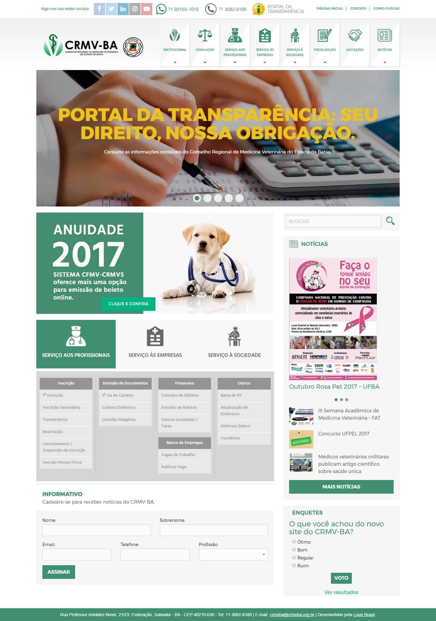 Página principal do site da CRMV-Ba, Conselho Regional de Medicina Veterinária do Estado da Bahia.