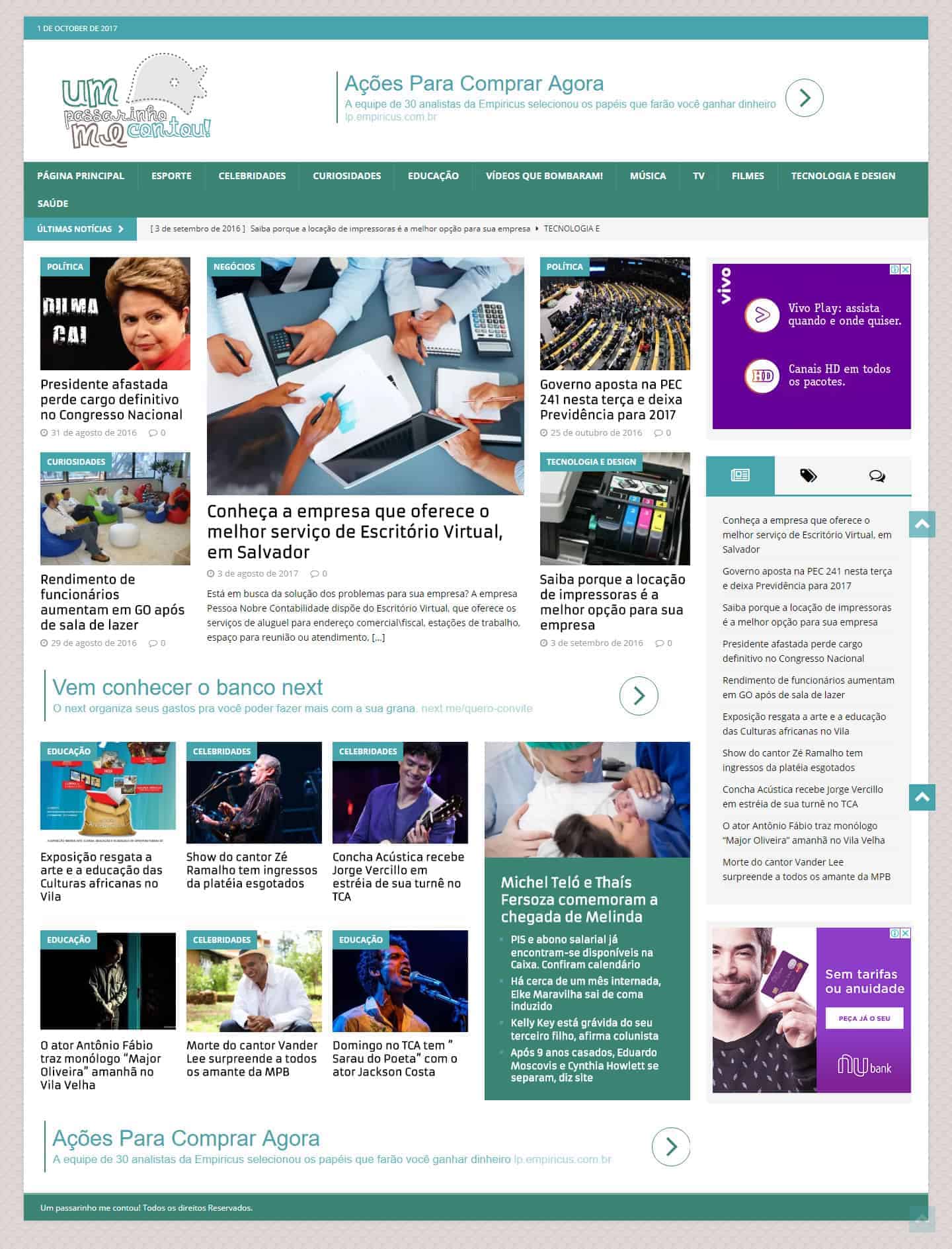 Página principal do site Um passarinho me contou!
