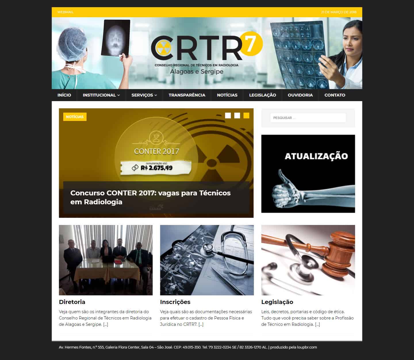 Print da página principal do CRTR7 - Conselho Regional de Técnicos em Radiologia de Alagoas e Sergipe.