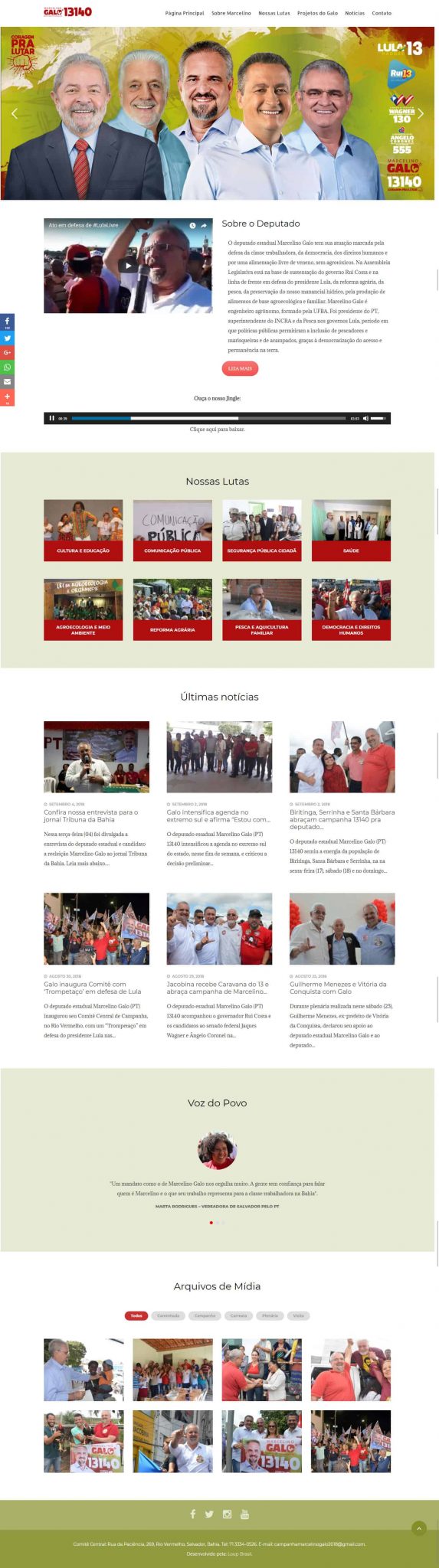 Página principal do site candidato a reeleição como Deputado Estadual Marcelino Galo 13140.