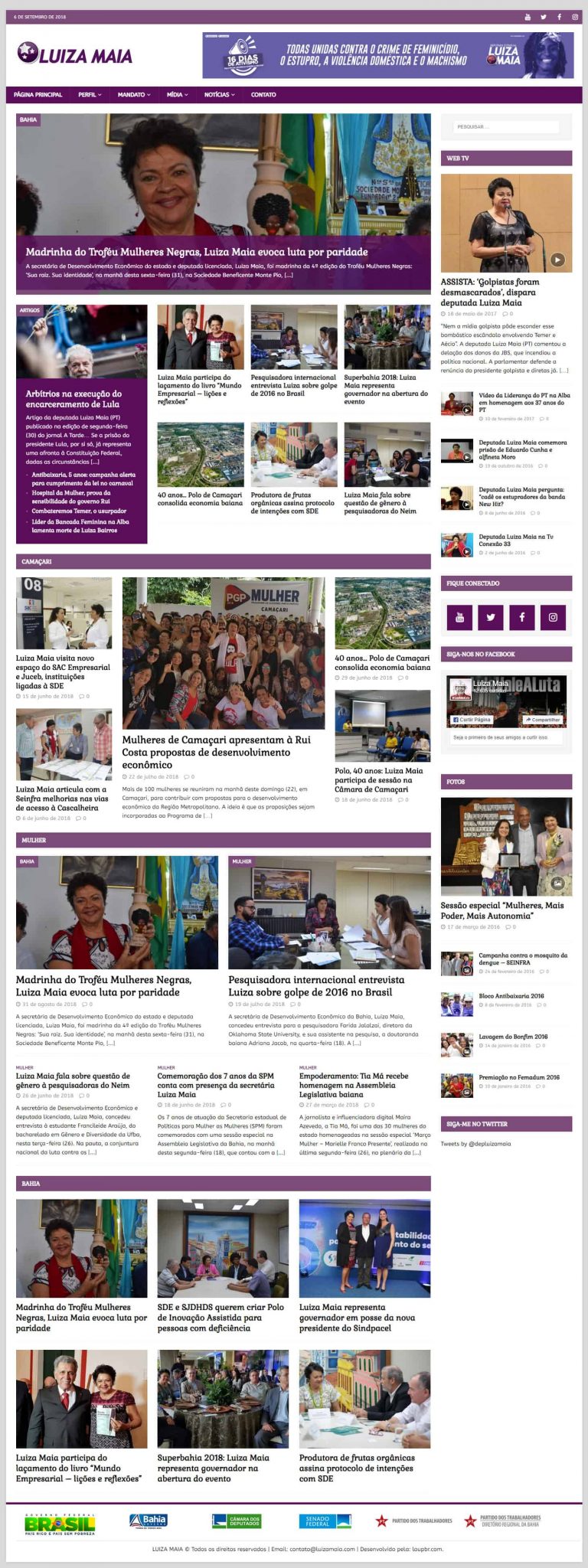 Print da página principal do site da Deputada Estadual Luiza Maia.