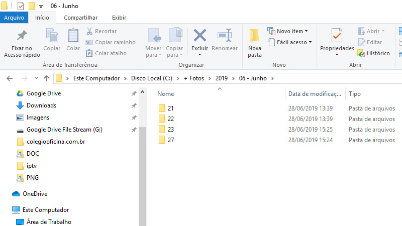 Organização das pastas no Windows Explorer.