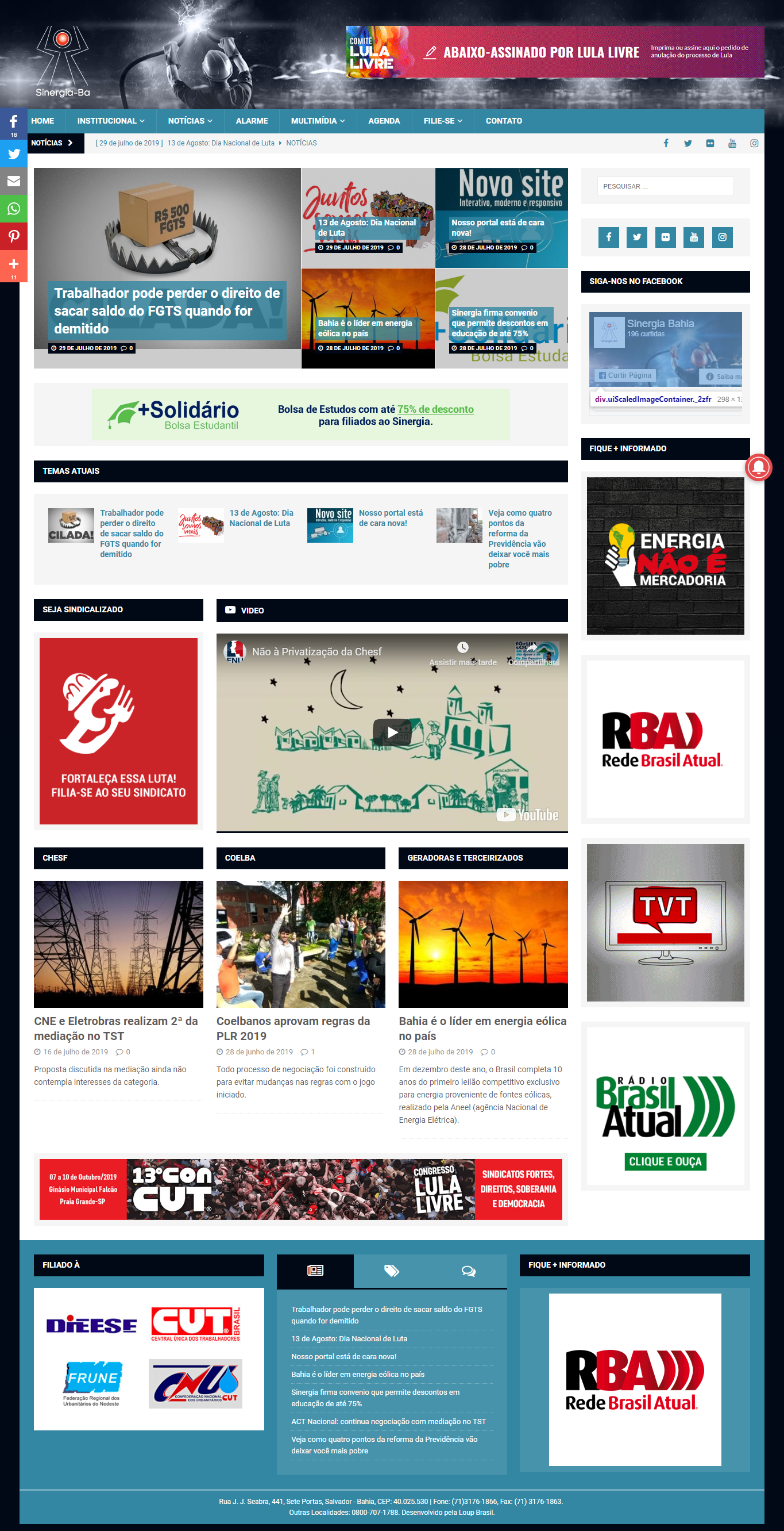 Print da página principal do site SINERGIA BAHIA.