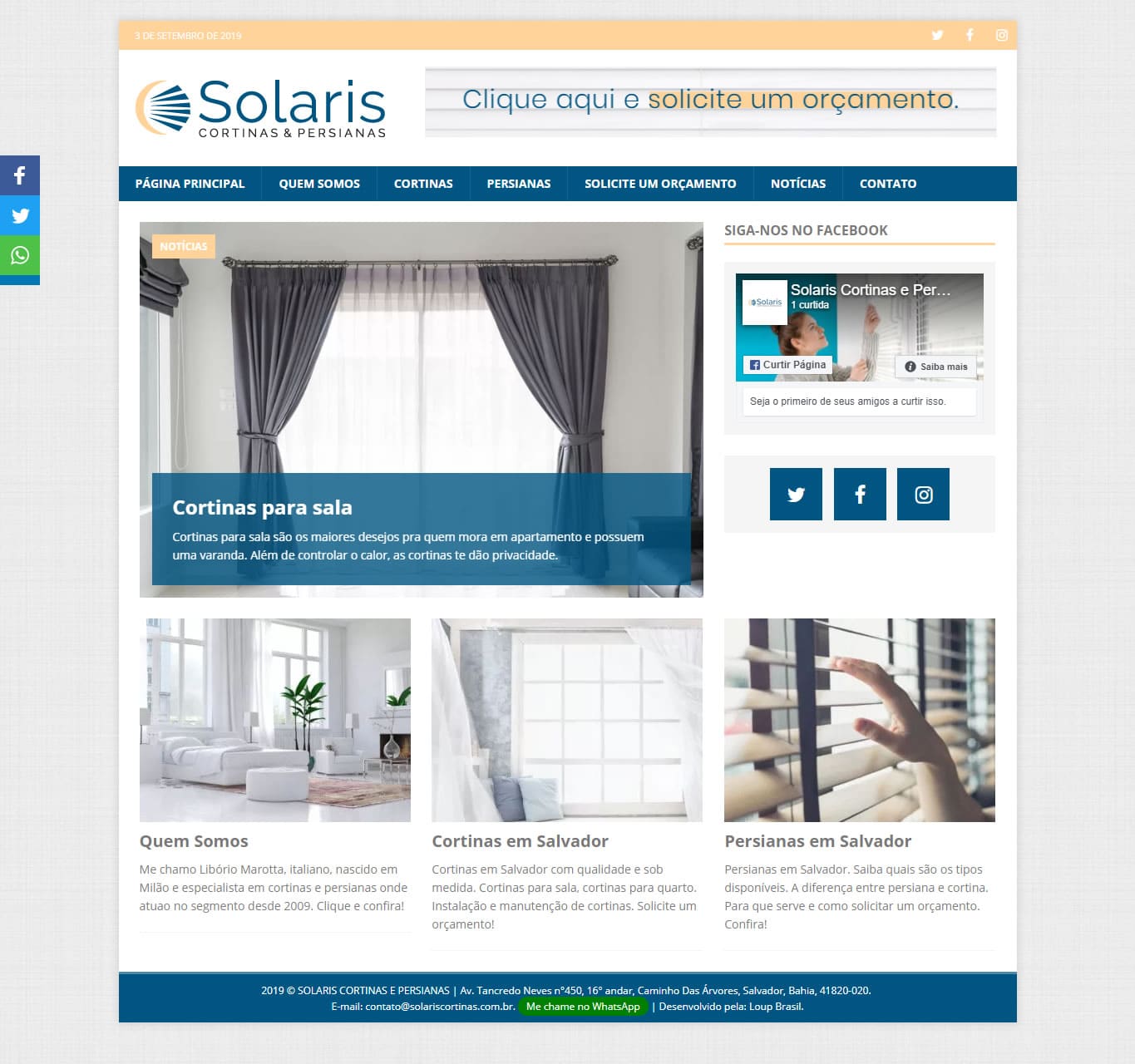 Print da página principal do site Solaris Cortinas & Persianas.