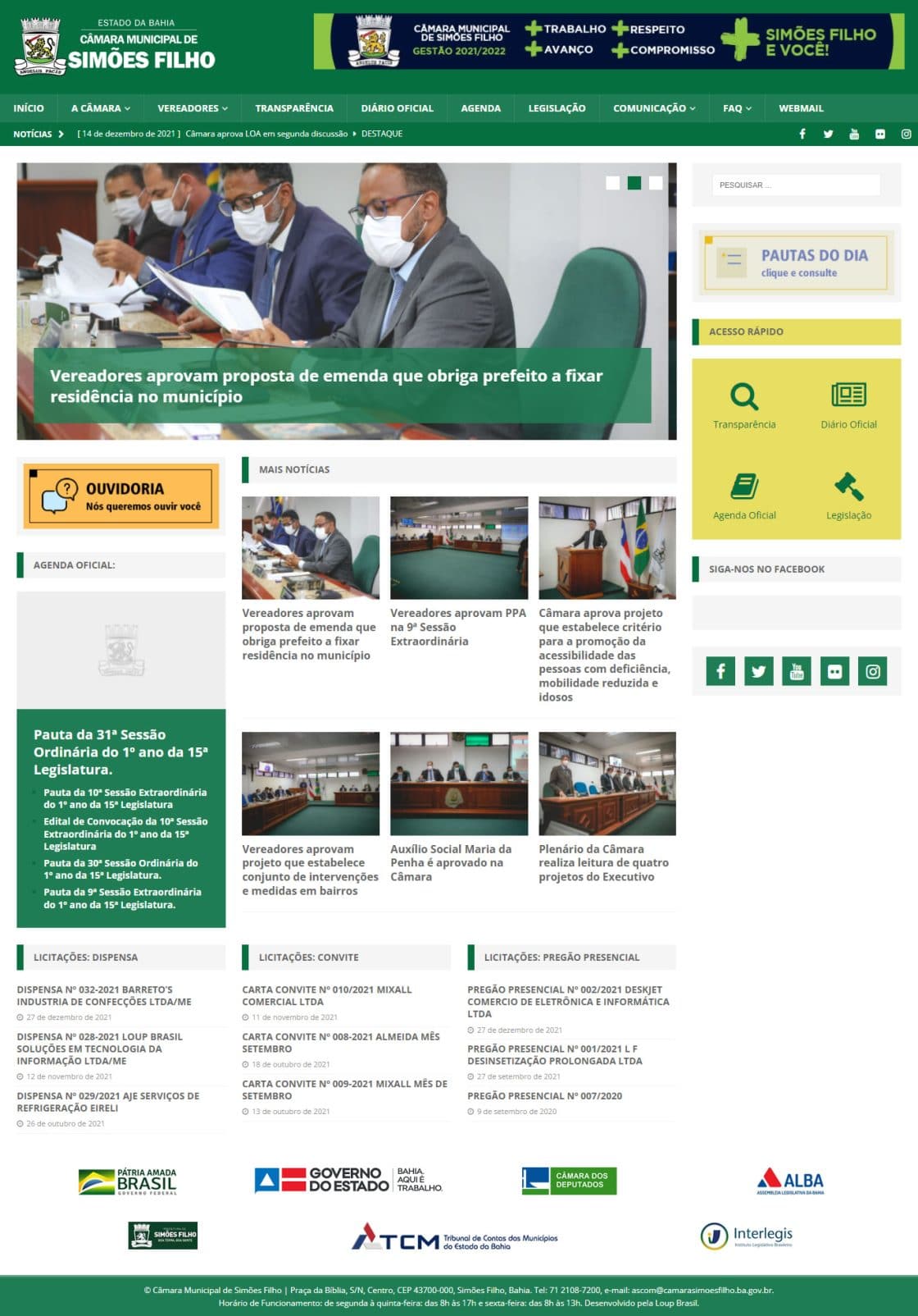 Print da página principal do site da Câmara Municipal de Simões Filho.