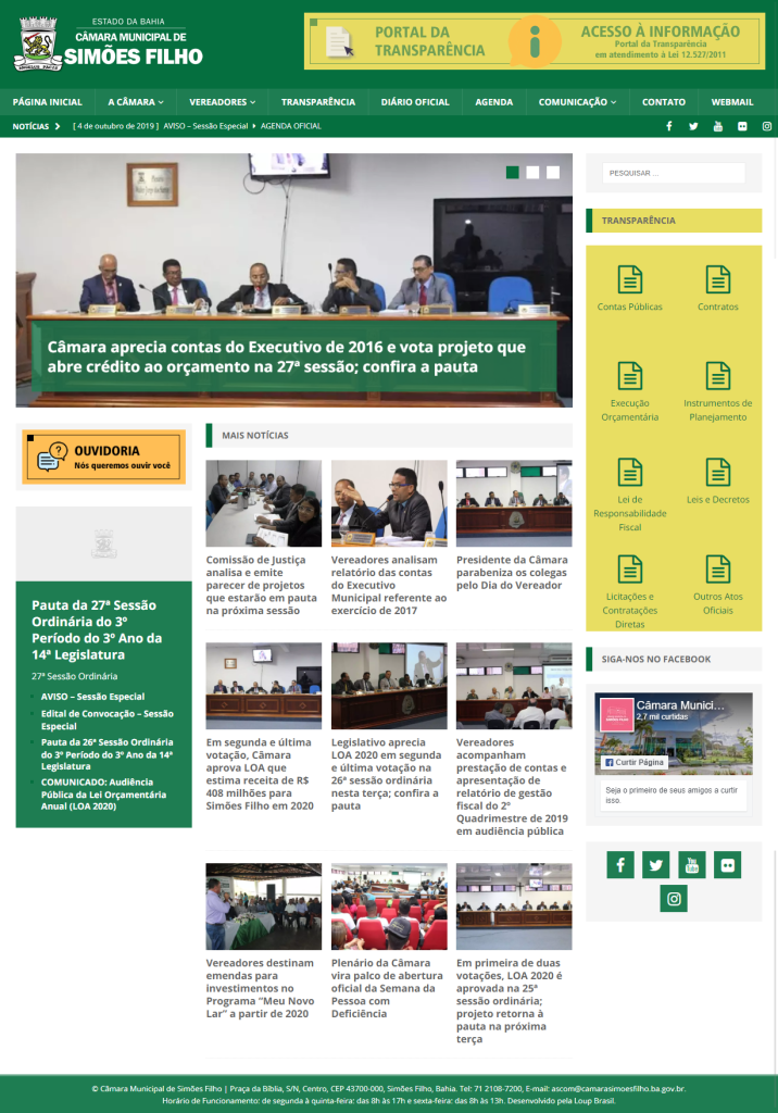 Print da página principal do site da Câmara Municipal de Simões Filho.