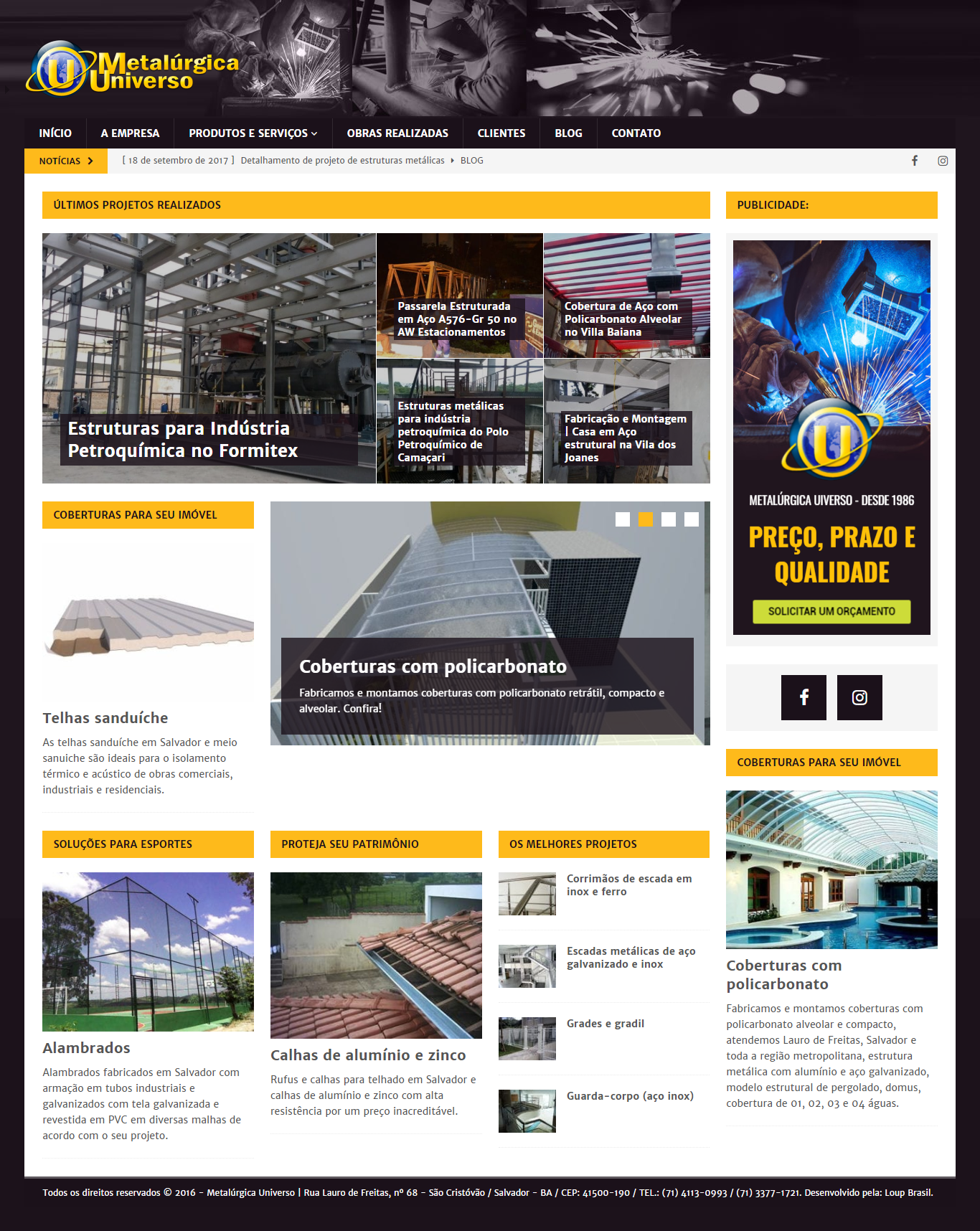 Página inicial do site da Metalúrgica Universo.