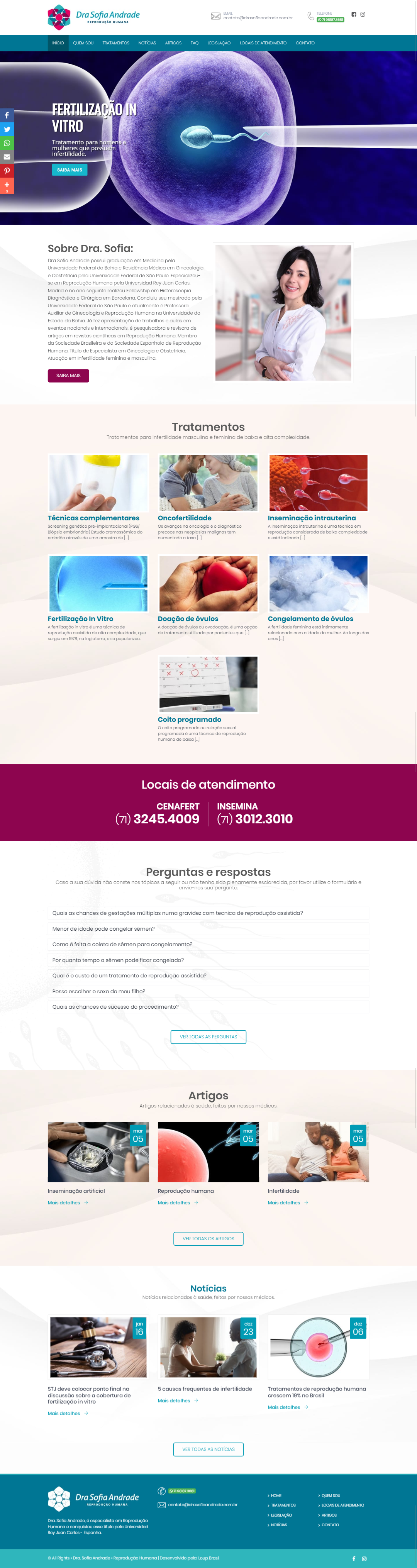 Print da página principal do site de Dra Sofia Andrade, especialista em Reprodução Humana.