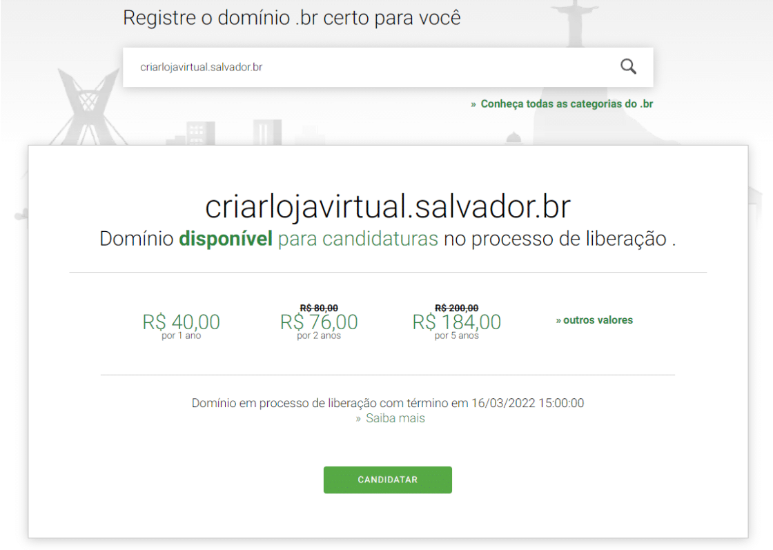Print da tela de candidatura do site criarlojavirtual.salvador.br.