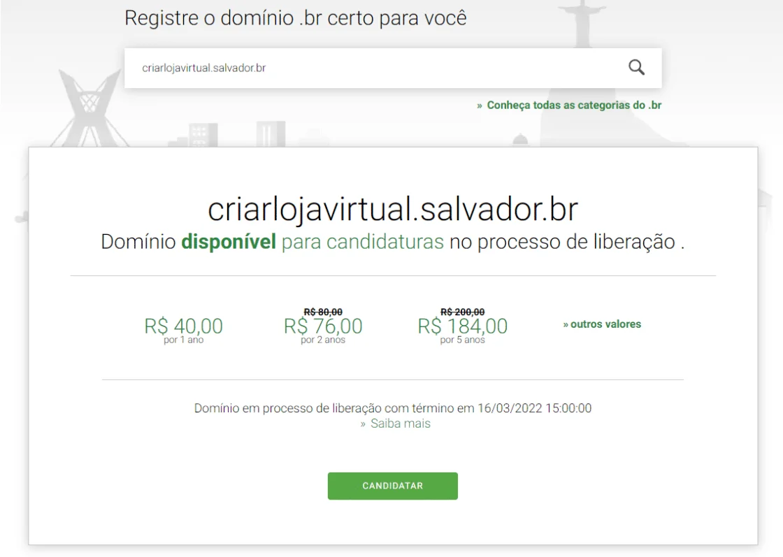 Print da tela de candidatura do site criarlojavirtual.salvador.br.