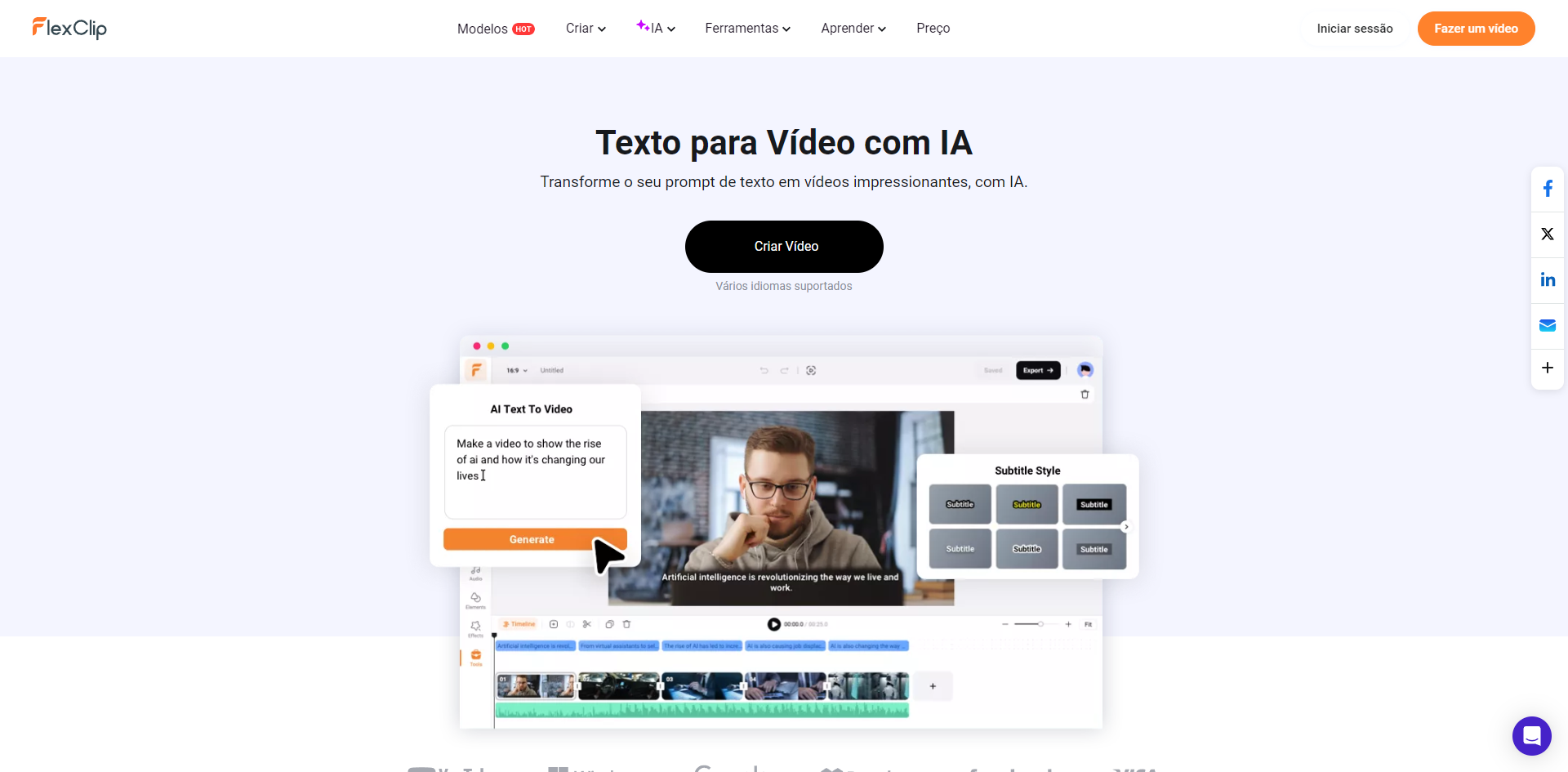 Interface do FlexClip mostrando a funcionalidade de transformação de texto em vídeo com inteligência artificial.