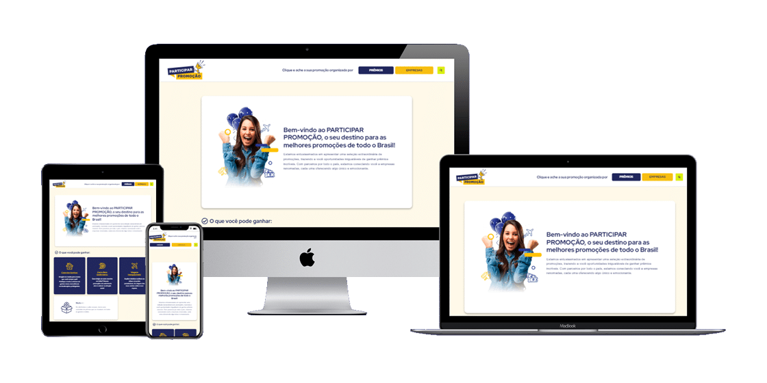 Captura de tela demonstrando a visualização da nova página principal do site Participar Promoção em dispositivos desktop, celular, notebook e tablet.