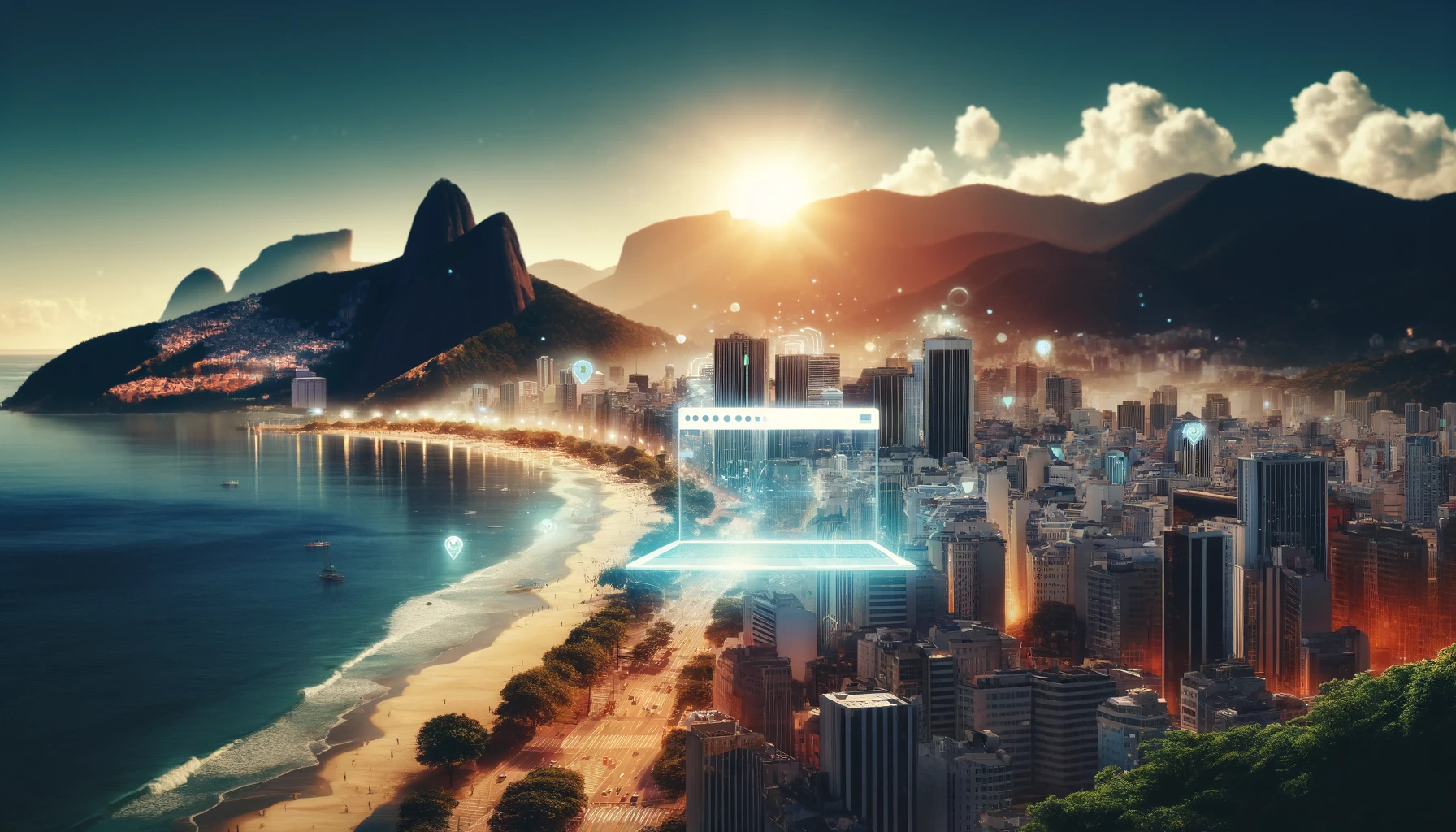 Imagem panorâmica do Rio de Janeiro com o Pão de Açúcar e a praia de Copacabana ao fundo, sobreposta por um design moderno de site, simbolizando a fusão da cidade com a tecnologia de criação de sites.