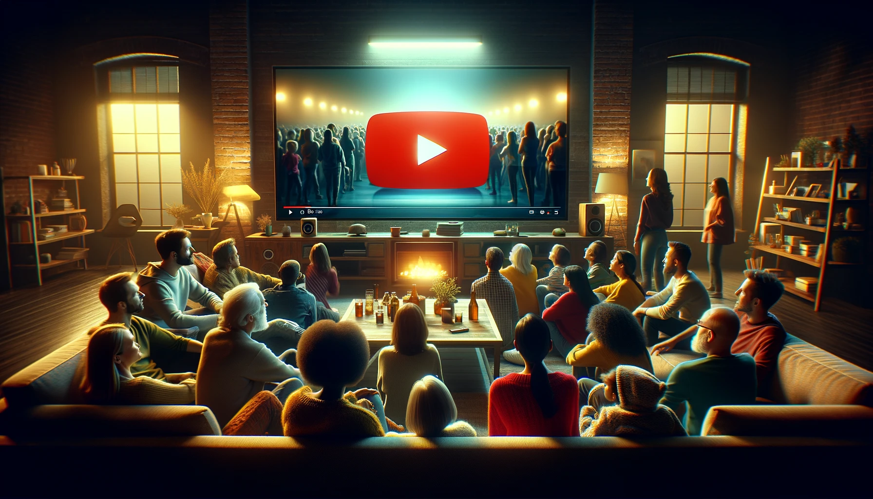 Grupo diversificado de pessoas assistindo YouTube Shorts em uma TV moderna em uma sala de estar aconchegante, iluminada suavemente.