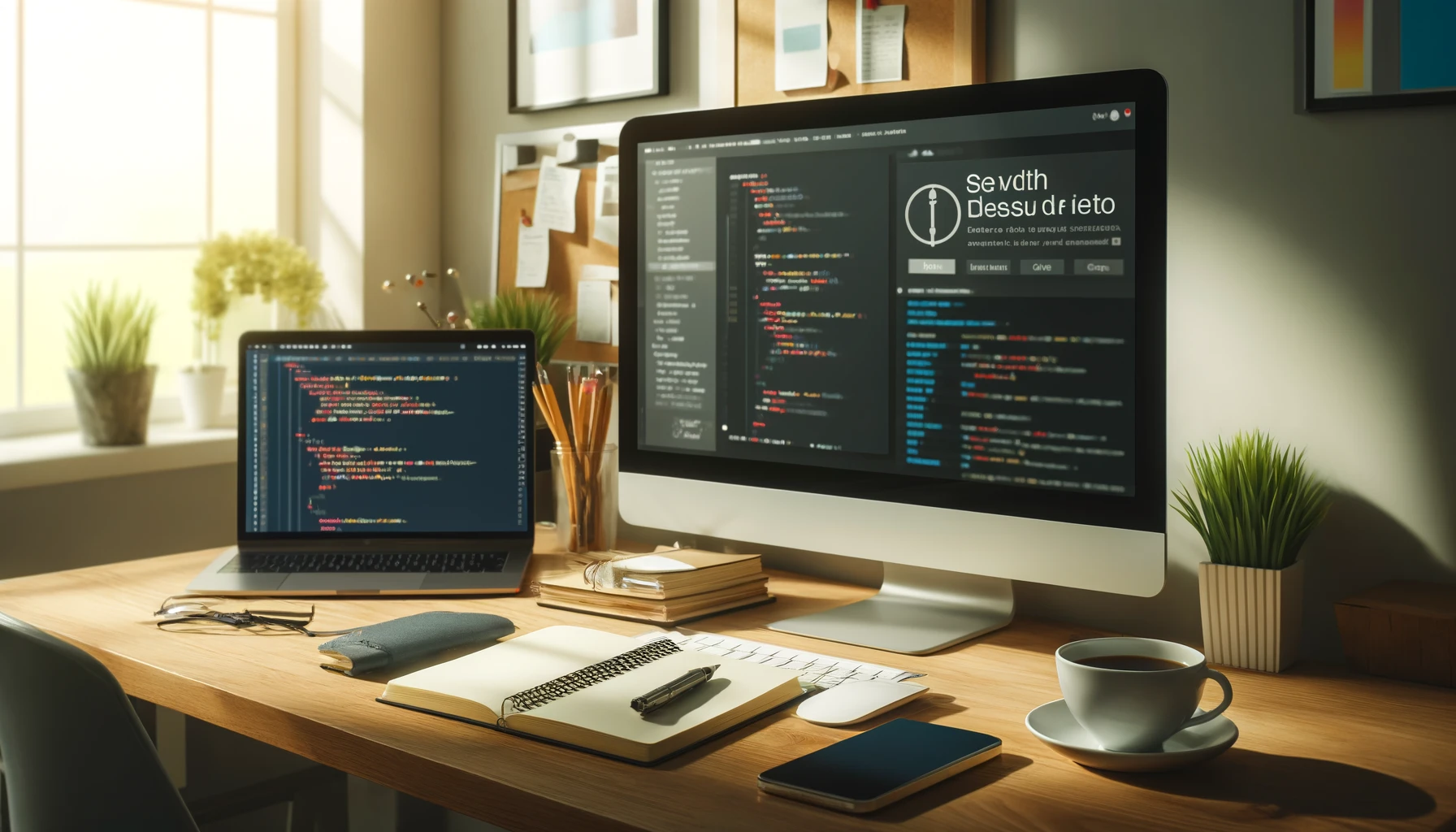 Espaço de trabalho de design web moderno e limpo, com um monitor exibindo um site estiloso e outro com elementos de código, complementado por um caderno e uma xícara de café, simbolizando um ambiente produtivo e criativo para a criação de site pessoal.