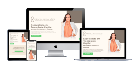 Dispositivos exibindo a homepage do site da Dra. Priscila Magalhães, especializada em transplante capilar em Salvador.