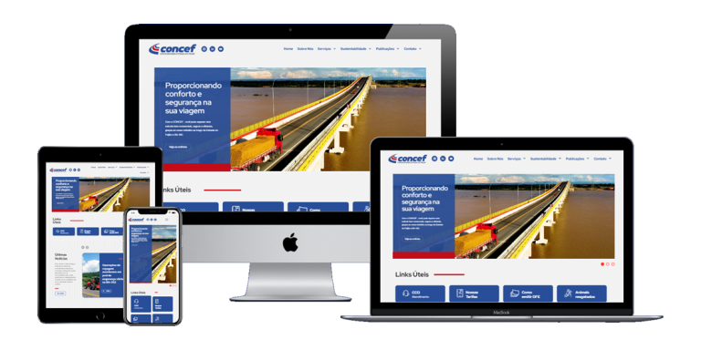 Visualização do novo site da CONCEF em diversos dispositivos, incluindo desktop, laptop, tablet e smartphone, destacando seu design responsivo.
