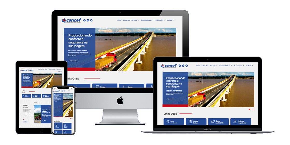 Visualização do novo site da CONCEF em diversos dispositivos, incluindo desktop, laptop, tablet e smartphone, destacando seu design responsivo.