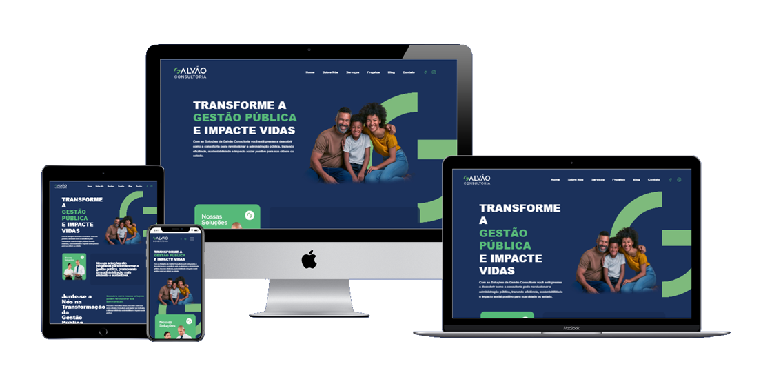 Dispositivos mostrando o layout responsivo do site da Galvão Consultoria, incluindo um smartphone, tablet, laptop e desktop.