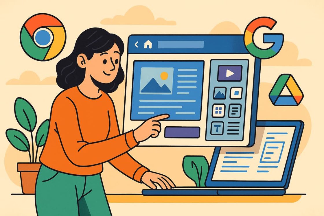 Ilustração estilizada de uma pessoa criando um site no Google Sites, arrastando elementos visuais em uma tela de computador.