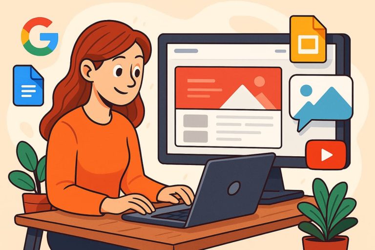 Ilustração em estilo cartoon de uma mulher criando um site no Google Sites em um computador, com ícones do ecossistema Google ao redor.