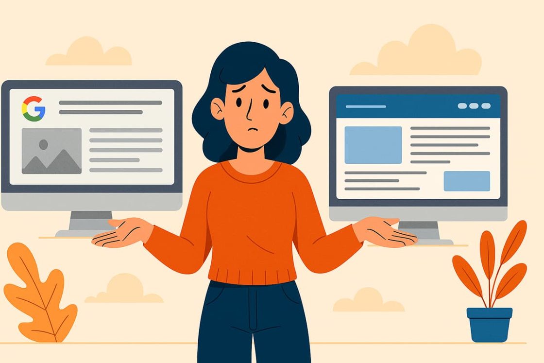 Ilustração estilizada mostrando uma mulher indecisa entre um site simples do Google Sites e um site profissional moderno.