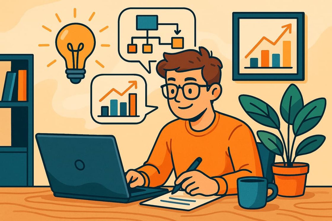 Ilustração cartoon de um jovem planejando no computador, cercado por ícones de gráficos, fluxogramas e uma lâmpada de ideia.
