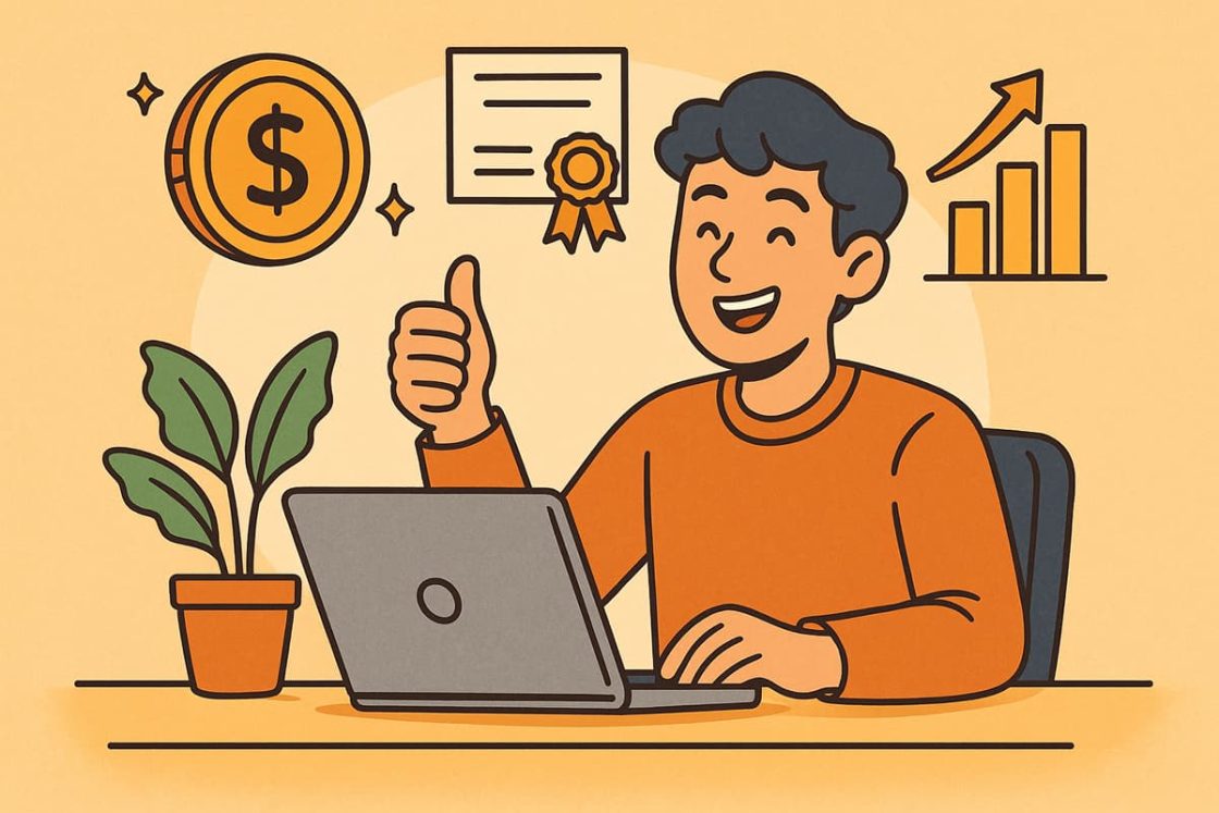 Ilustração em estilo cartoon de uma pessoa feliz usando laptop, com ícones de moeda, certificado e gráfico de crescimento, representando benefícios e conquistas digitais.