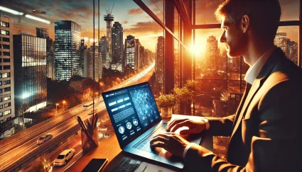 Profissional trabalhando em um laptop em um escritório moderno com vista para o skyline de São Paulo ao pôr do sol, representando a criação de sites em São Paulo.