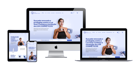 Print do site responsivo da Loa Cosméticos exibido em diferentes dispositivos (tablet, smartphone, iMac e laptop), mostrando a interface de e-commerce otimizada para beleza e cuidados com a pele.