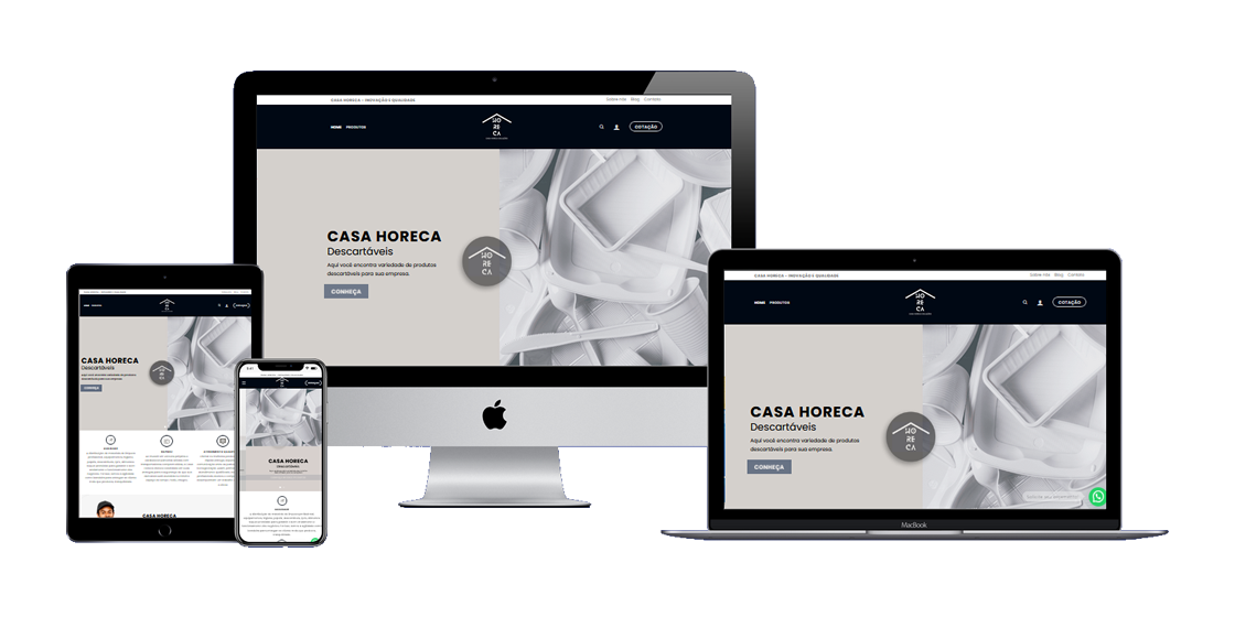 Visualização do site da Casa Horeca em dispositivos variados, incluindo desktop, tablet e smartphone, destacando seu design responsivo e moderno.