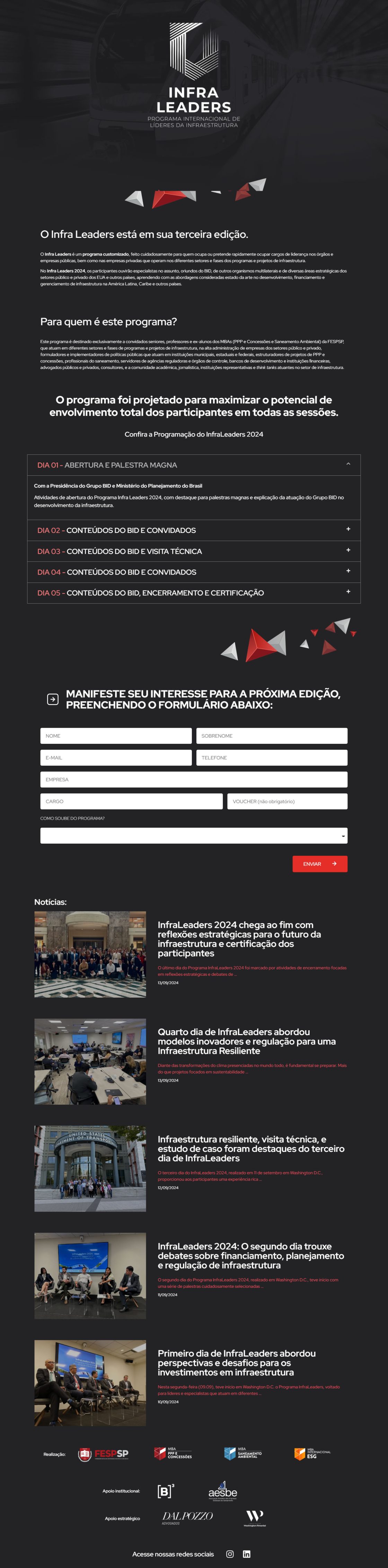 Captura de tela da landing page do programa Infra Leaders, apresentando informações sobre a terceira edição do evento e um design moderno e responsivo.