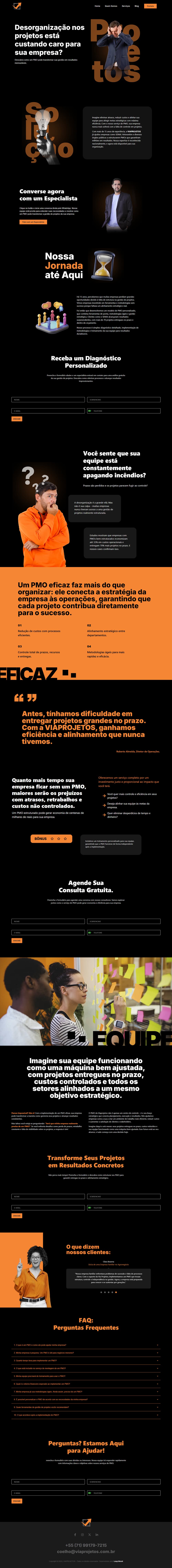 Captura de tela da página inicial do site da VIAPROJETOS, destacando design moderno, chamadas à ação e informações sobre gestão de PMOs.