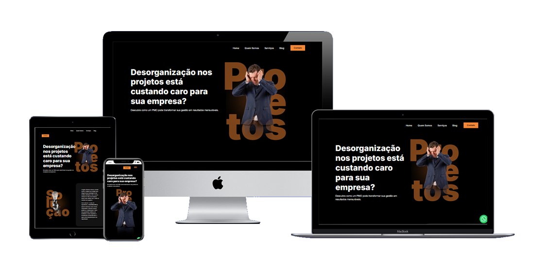 Visualização do novo site da VIAPROJETOS em dispositivos desktop, tablet e mobile, destacando o layout responsivo e moderno.