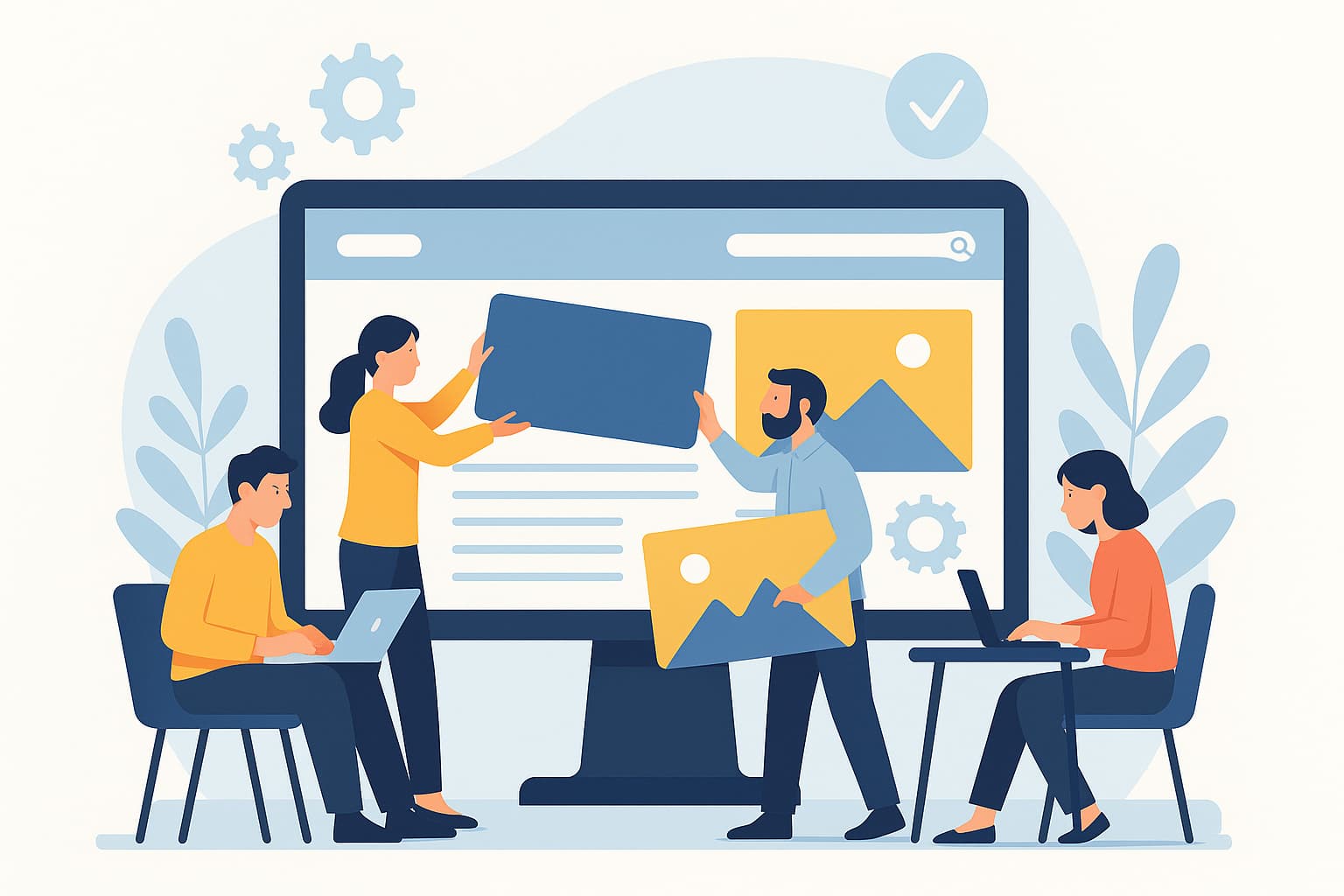 Ilustração de quatro profissionais colaborando na criação de um site, com elementos visuais sendo organizados em uma grande tela de computador.