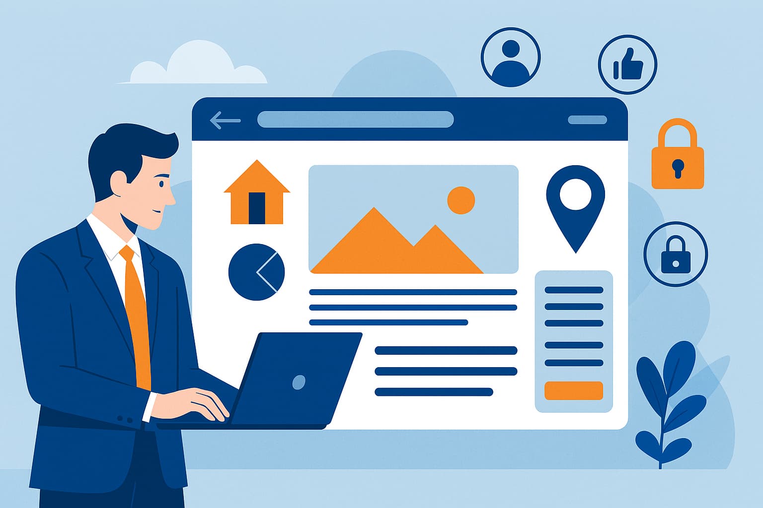 Homem de terno navegando em um site corporativo em notebook, com interface digital moderna e elementos visuais em azul e laranja.