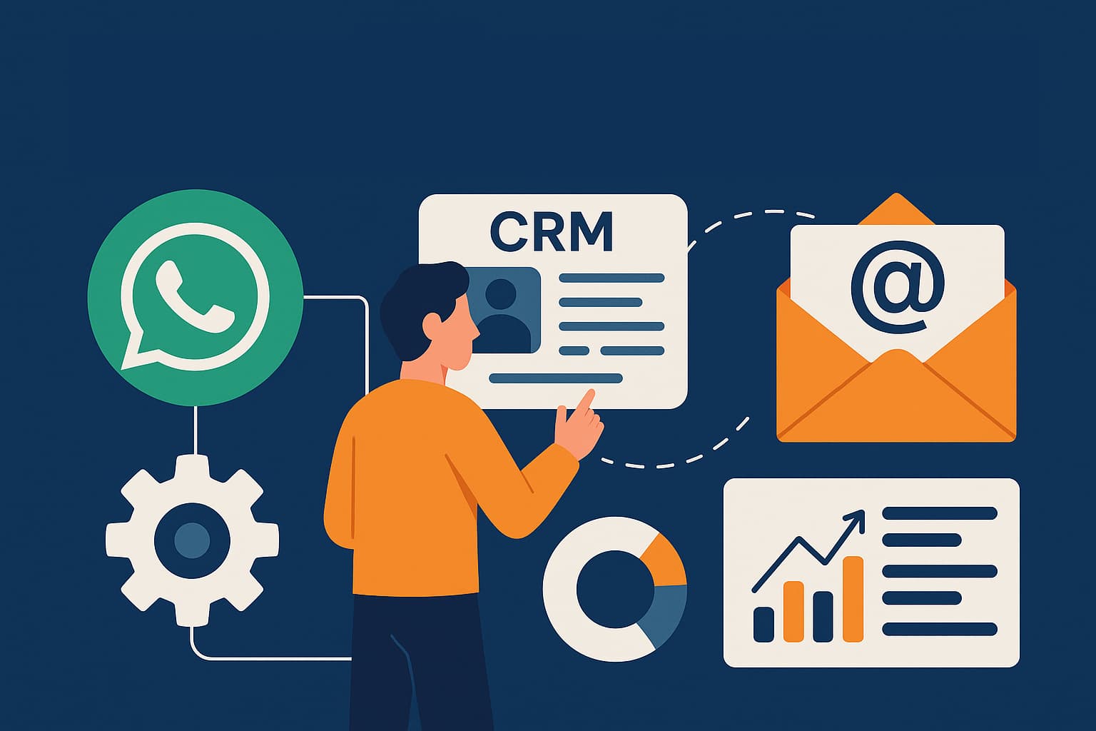 Infográfico mostrando integrações entre WhatsApp, CRM e e-mails, com ícones conectados e uma pessoa interagindo com o sistema.