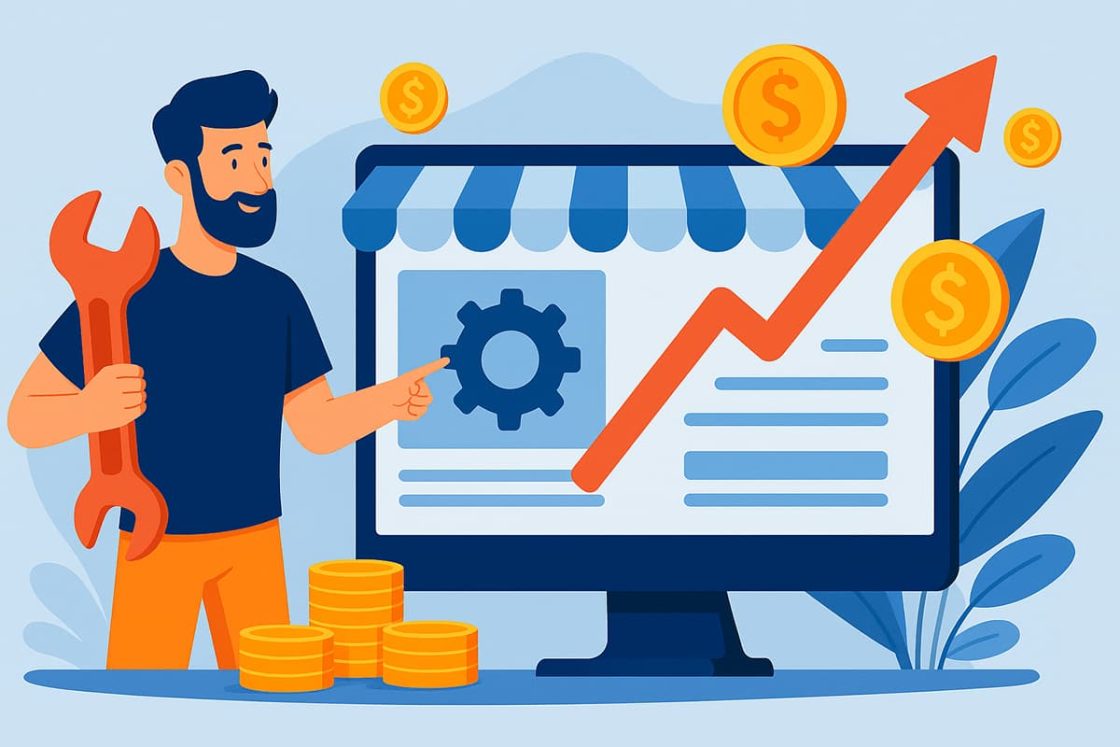 Ilustração estilizada de um profissional com chave ajustando um site em um monitor, com moedas e gráfico em alta representando investimento em manutenção.