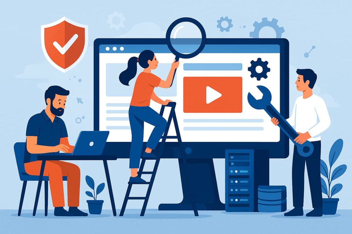 Ilustração em estilo cartoon mostrando equipe técnica ajustando um site com engrenagens, ferramentas digitais e monitoramento de segurança.