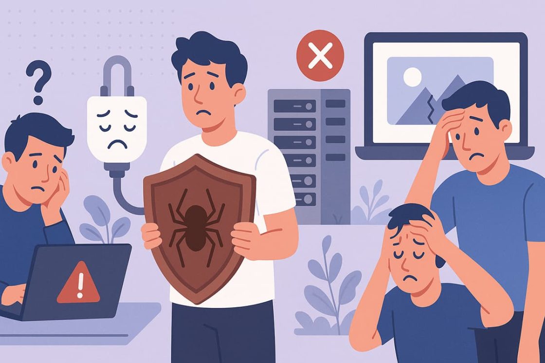 Ilustração em estilo cartoon mostrando pessoas frustradas com falhas em computadores e servidores, representando problemas causados pela falta de manutenção de sites.