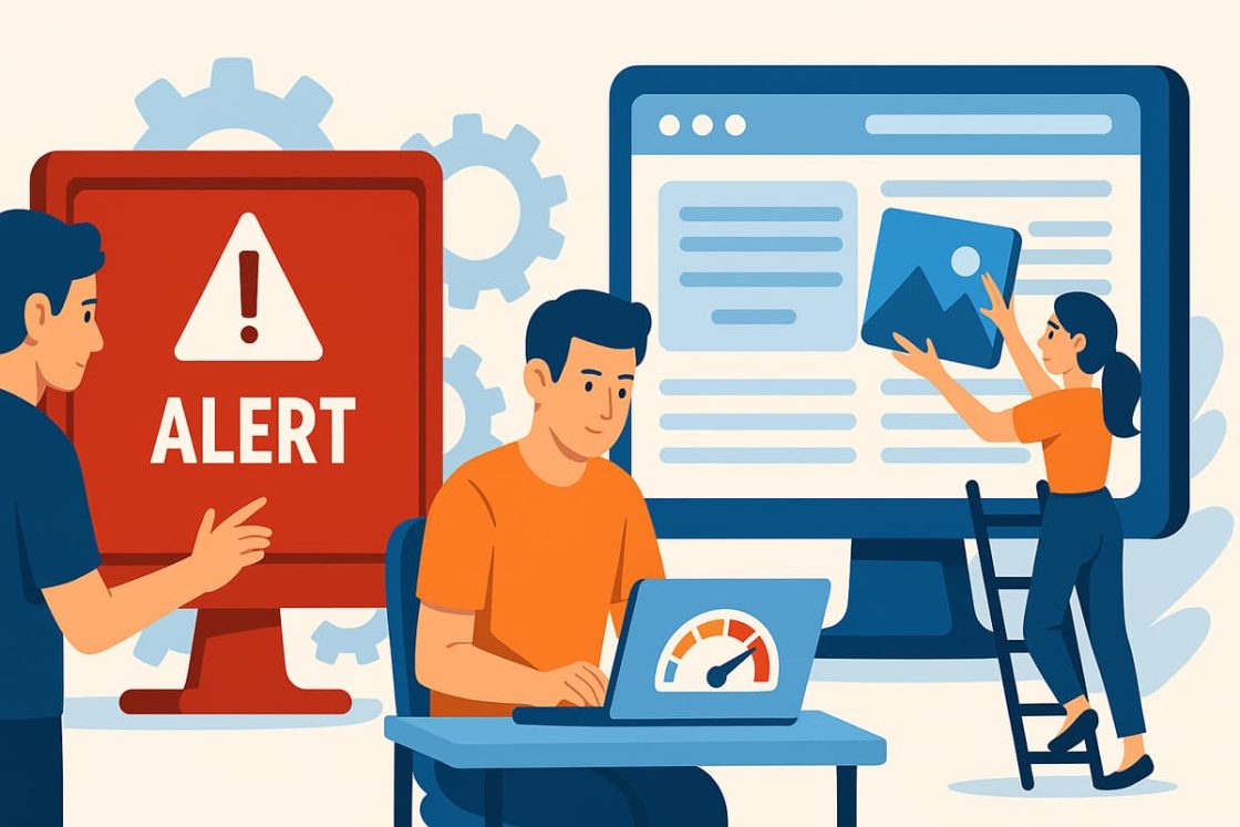 Ilustração em estilo cartoon mostrando profissionais cuidando de um site com foco em segurança, desempenho e atualização de conteúdo.